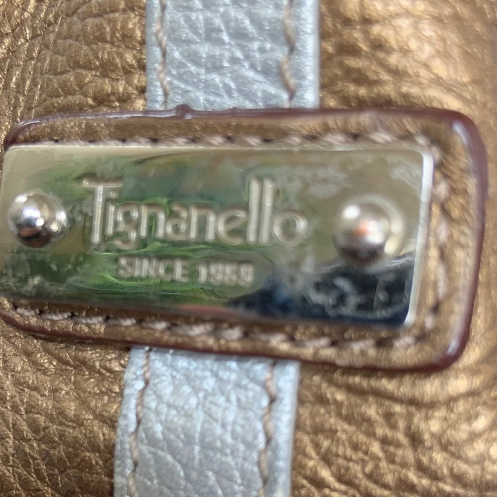 Tignanello Leather Tote Bag Brown Gold Silver Striped Shoulder Bag